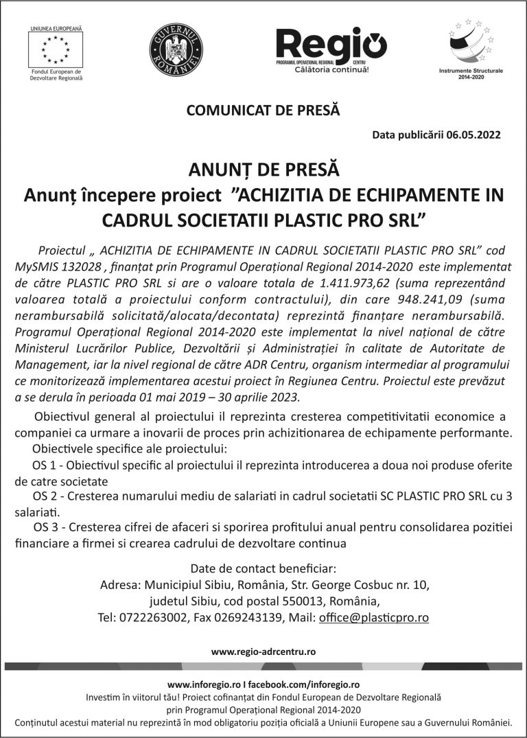 Comunicat de presă Plastic Pro SRL