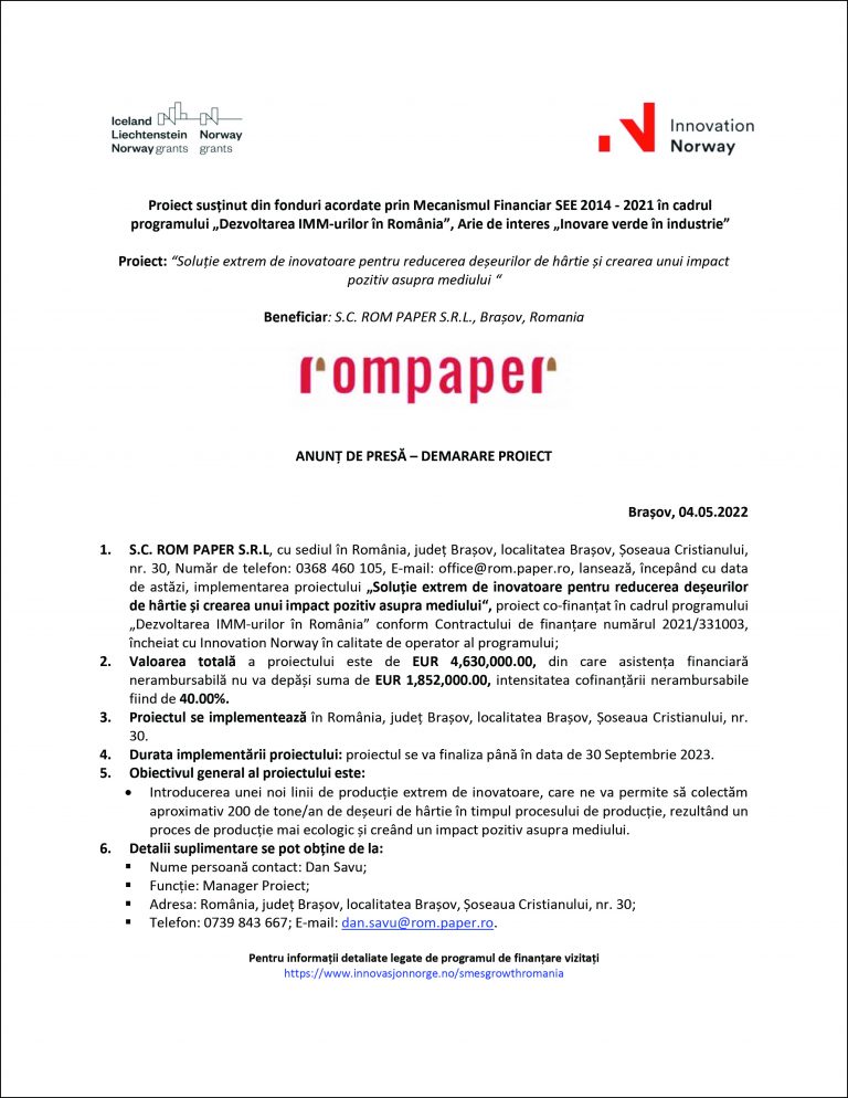 Anunt de presă S.C. ROM PAPER S.R.L
