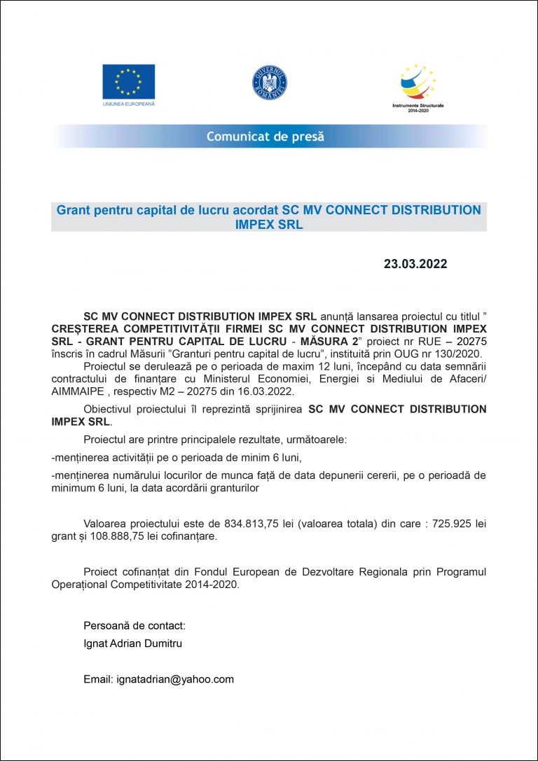 Comunicat de presa SC MV CONNECT DISTRIBUTION IMPEX SRL