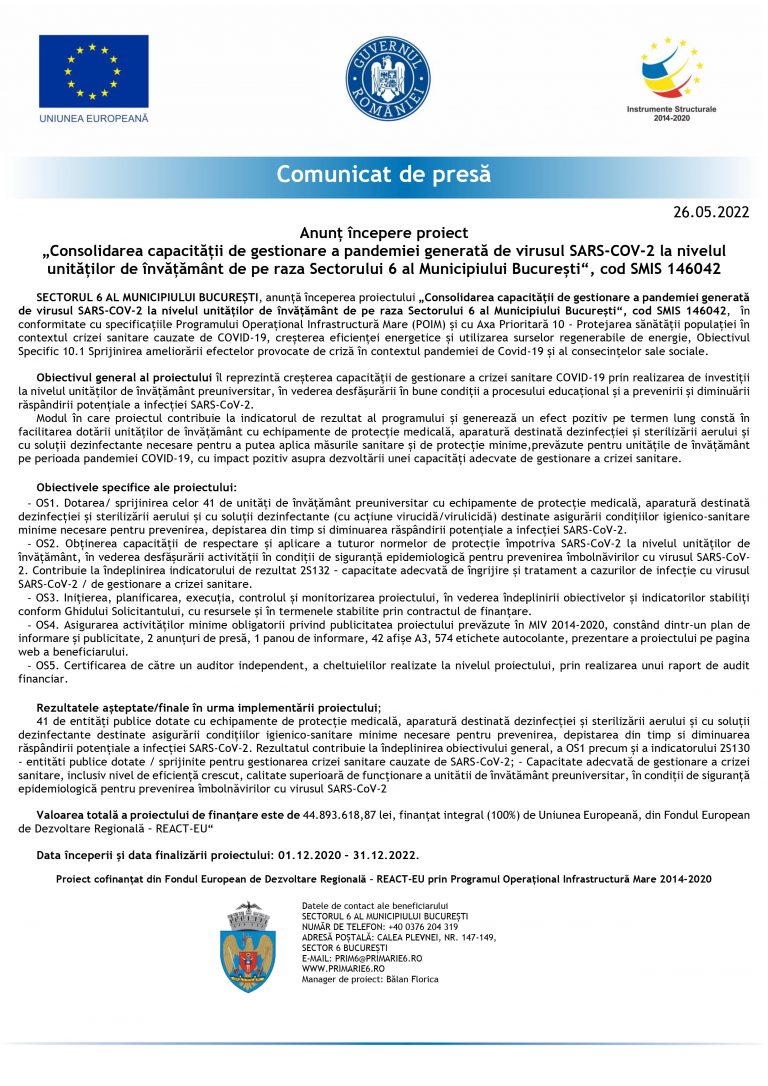 Comunicat de presă SECTORUL 6 AL MUNICIPIULUI BUCUREȘTI