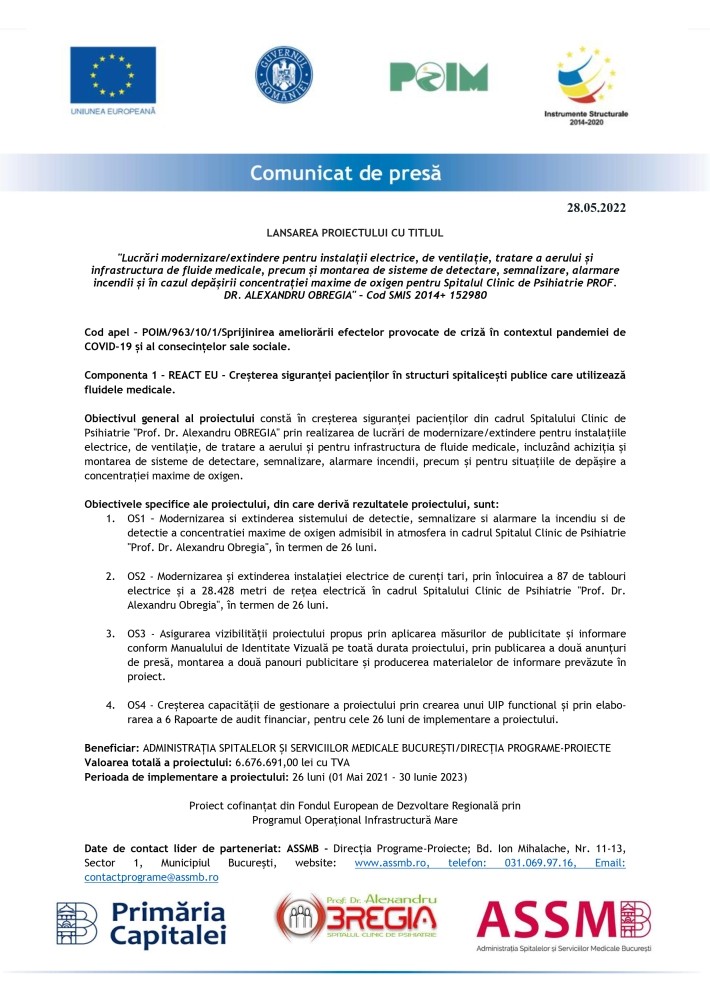 Comunicat de presă Spitalul Clinic de Psihiatrie PROF. DR. ALEXANDRU OBREGIA