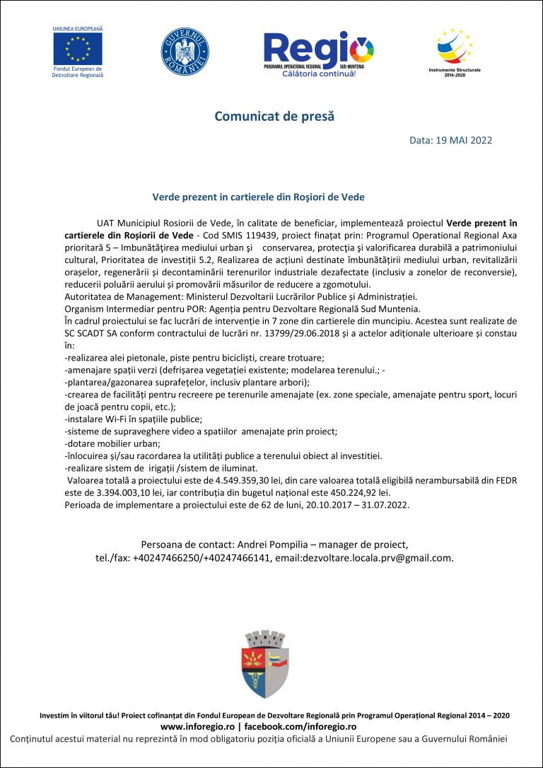 Comunicat de presă UAT Municipiul Rosiorii de Vede