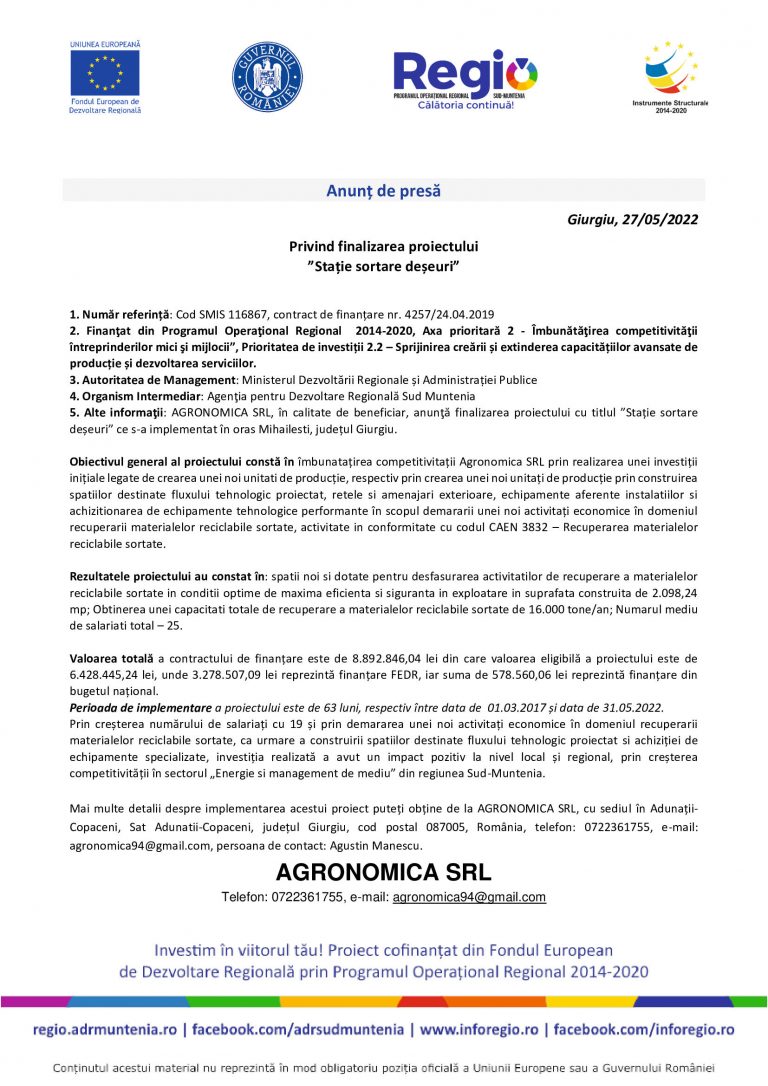 Comunicat de presa AGRONOMICA SRL