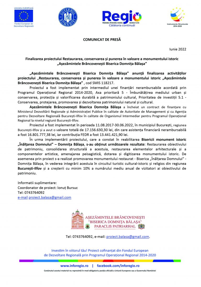 Comunicat de presă Așezămintele Brâncovenești Biserica Domnița Bălașa