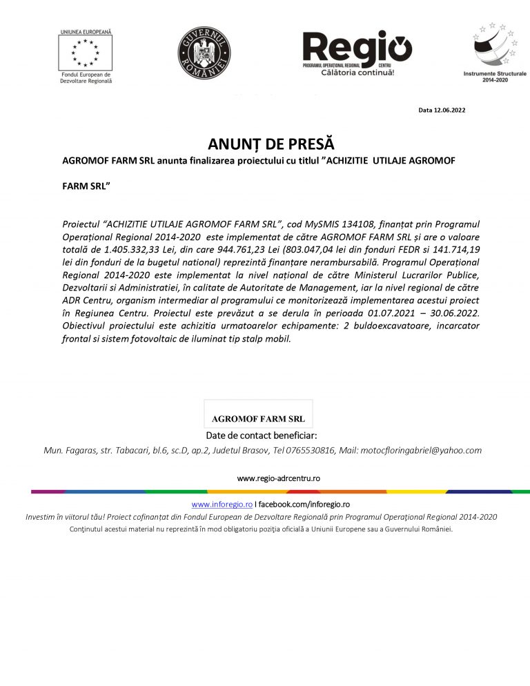 Comunicat de presă AGROMOF FARM SRL