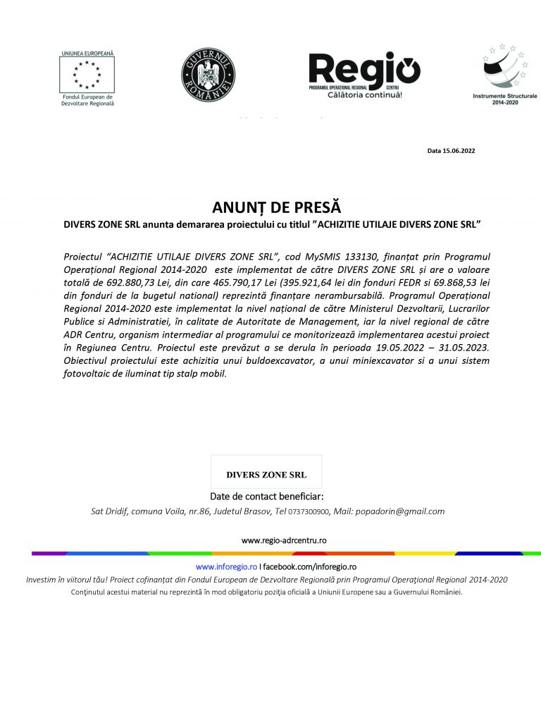 Comunicat de presă DIVERS ZONE SRL
