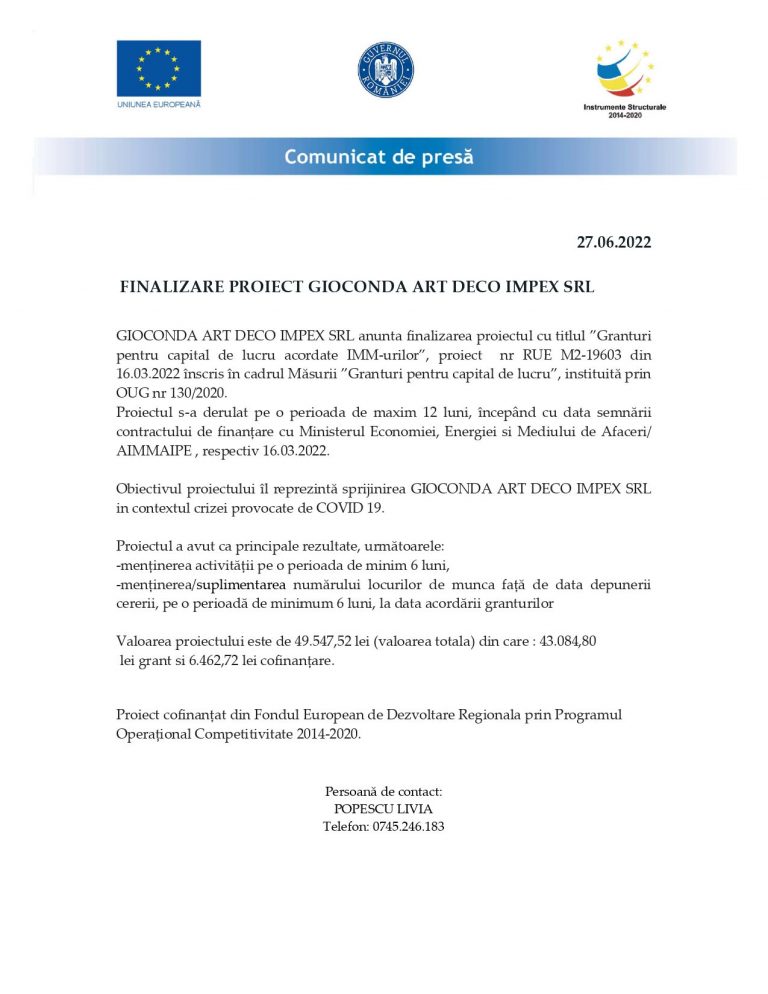 FINALIZARE PROIECT GIOCONDA ART DECO IMPEX SRL