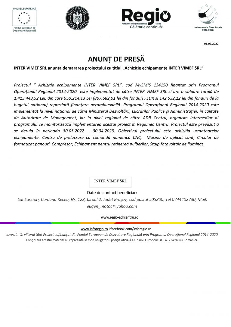 Comunicat de presă INTER VIMEF SRL