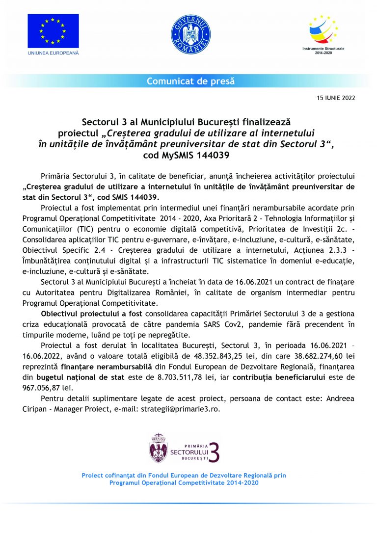 Comunicat de presă Primăria Sectorului 3