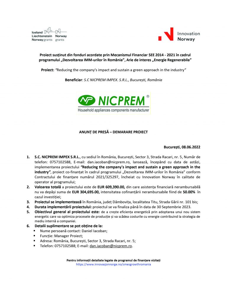 Anunt de presă S.C NICPREM IMPEX. S.R.L.