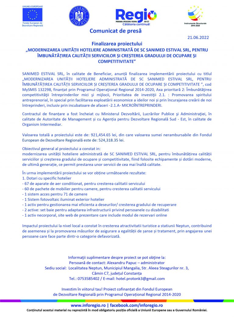 Comunicat de presă SANIMED ESTIVAL SRL
