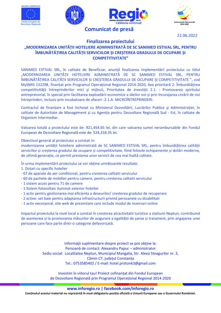 Comunicat de presă SANIMED ESTIVAL SRL