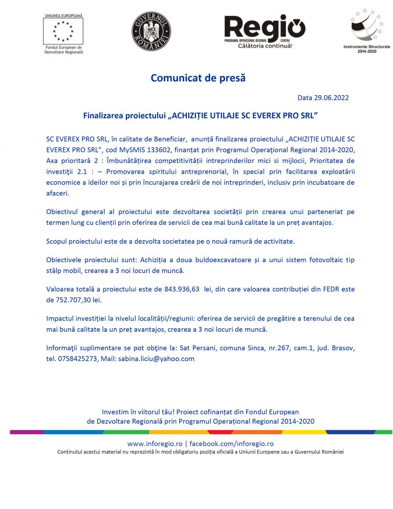 Comunicat de presă SC EVEREX PRO SRL