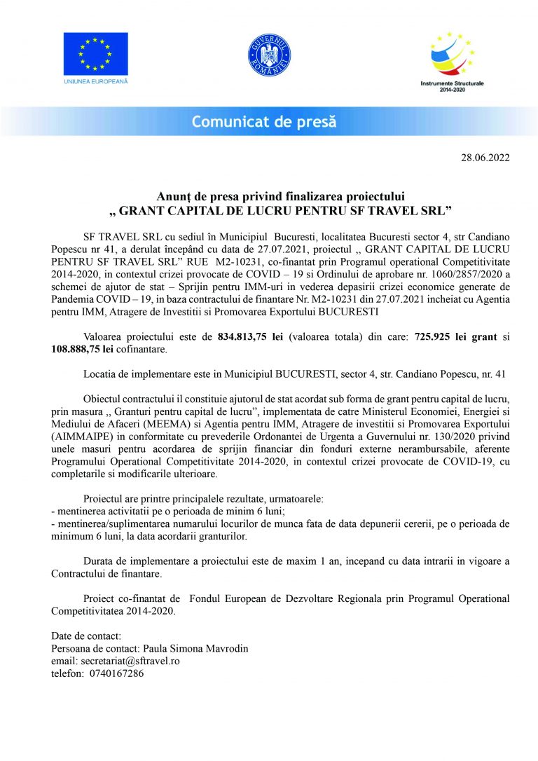 Comunicat de presă SF TRAVEL SRL