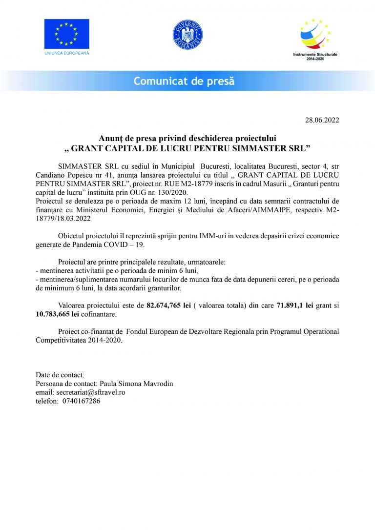 Comunicat de presă SIMMASTER SRL