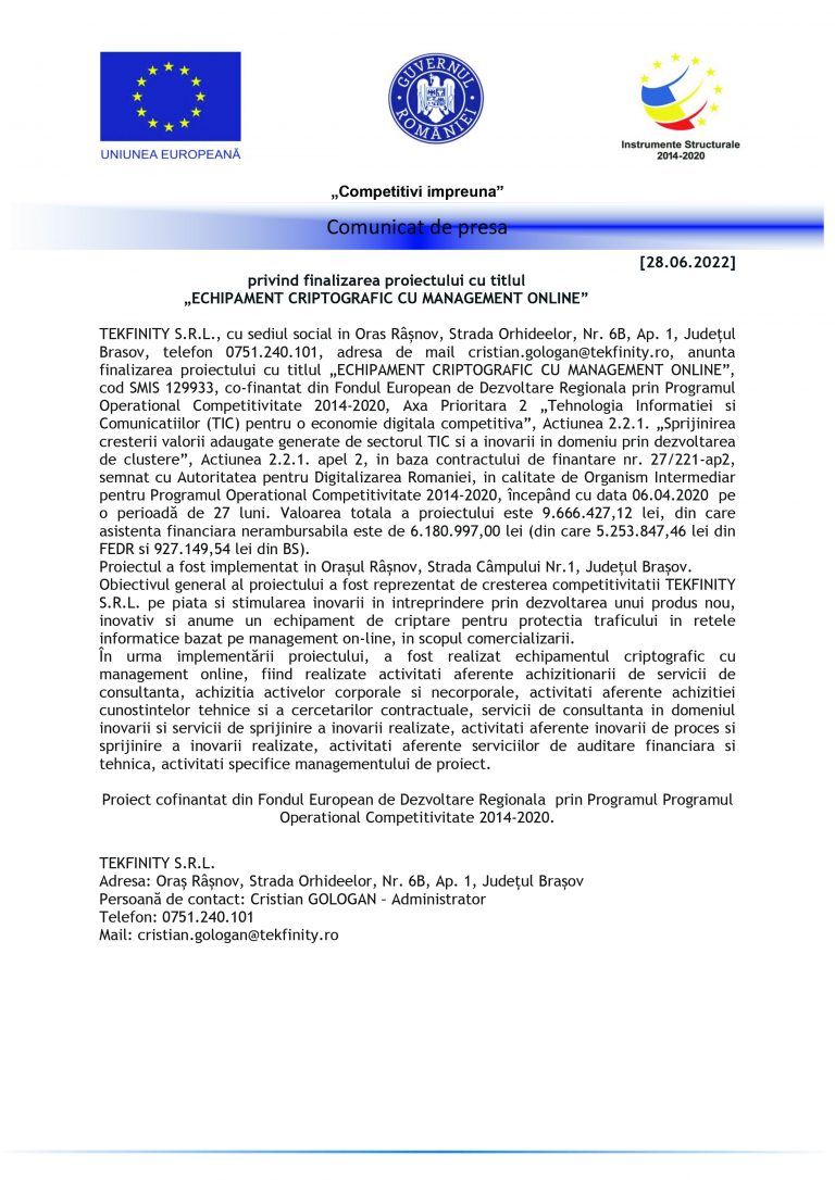 Comunicat de presă TEKFINITY S.R.L.