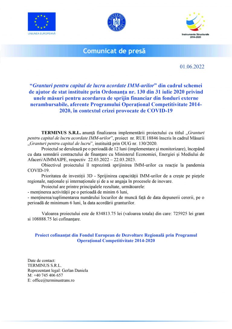 Comunicat de presă TERMINUS SRL