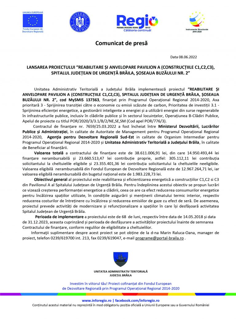 Comunicat de presă Unitatea Administrativ Teritorială a Județului Brăila