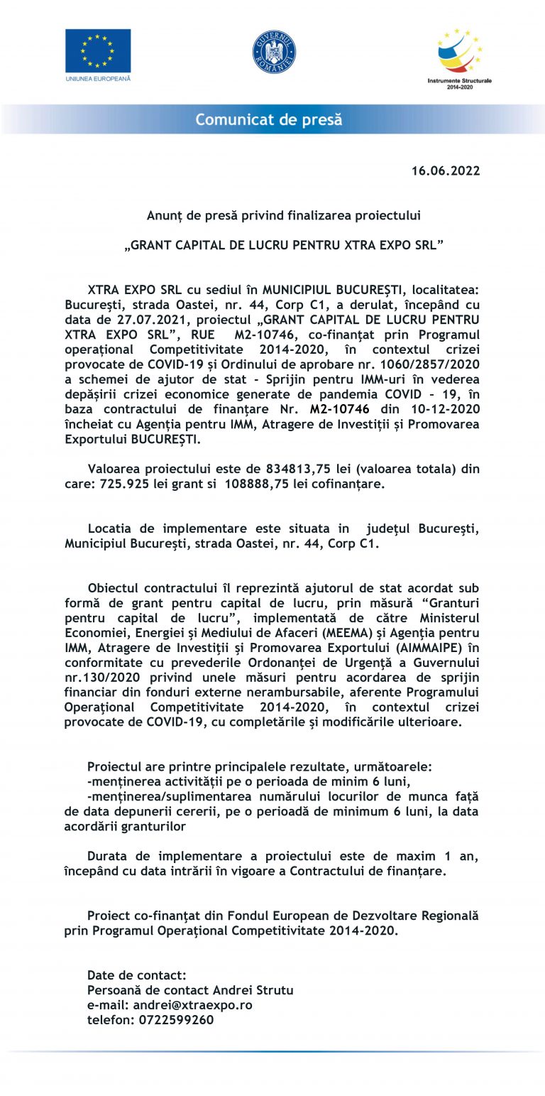 Comunicat de presă XTRA EXPO SRL