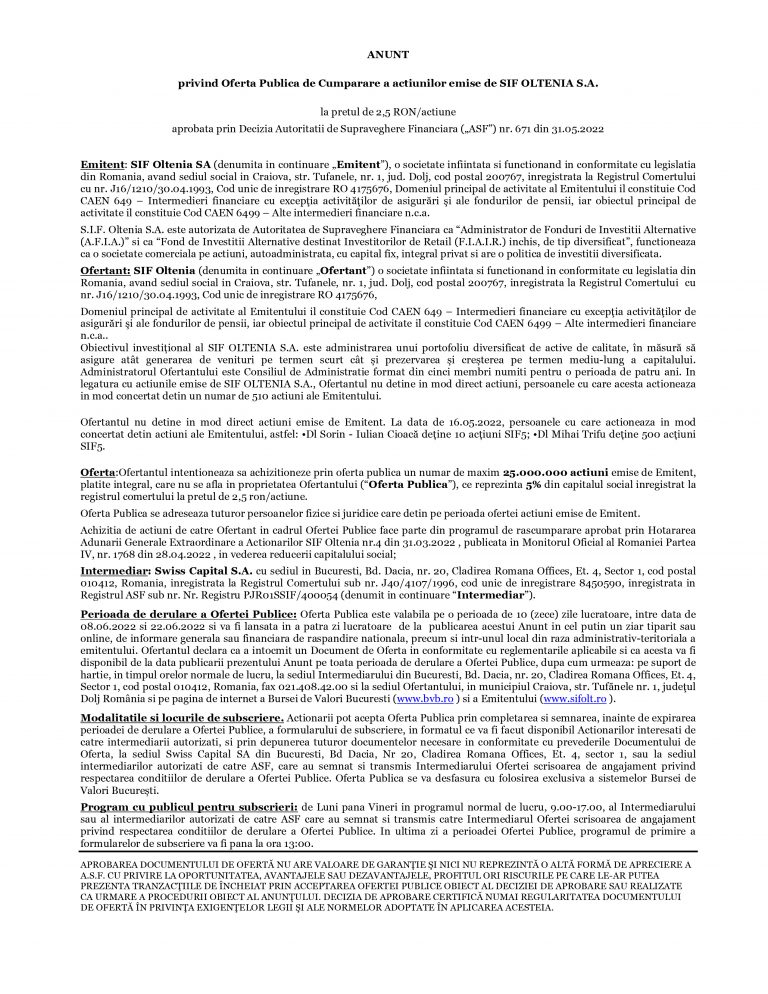 ANUNT privind Oferta Publica de Cumparare a actiunilor emise de SIF OLTENIA S.A.