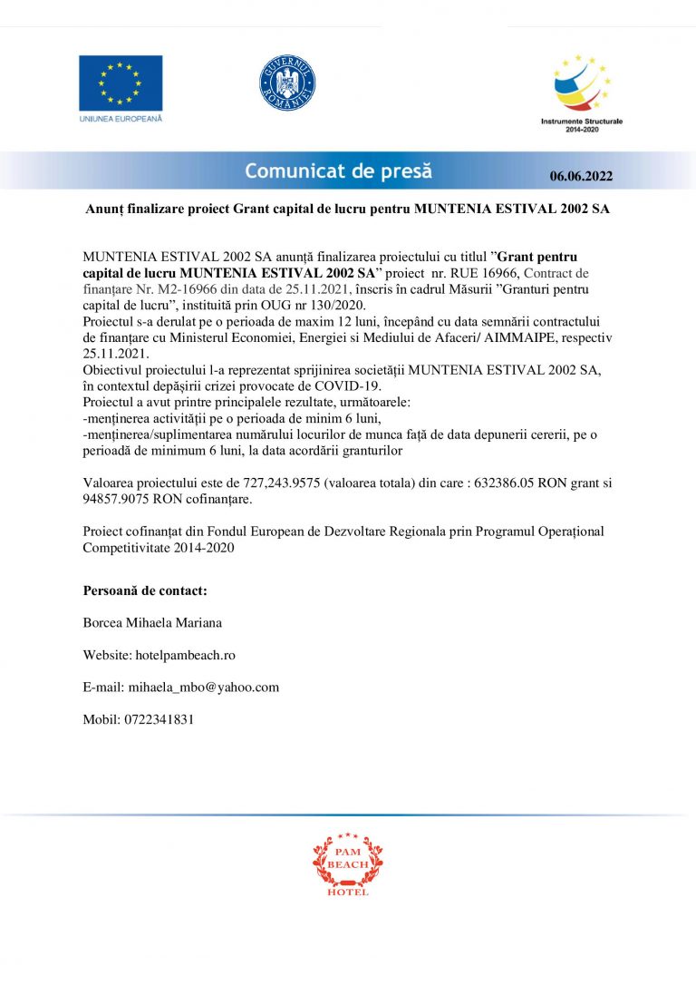 Comunicat de presă MUNTENIA ESTIVAL 2002 SA