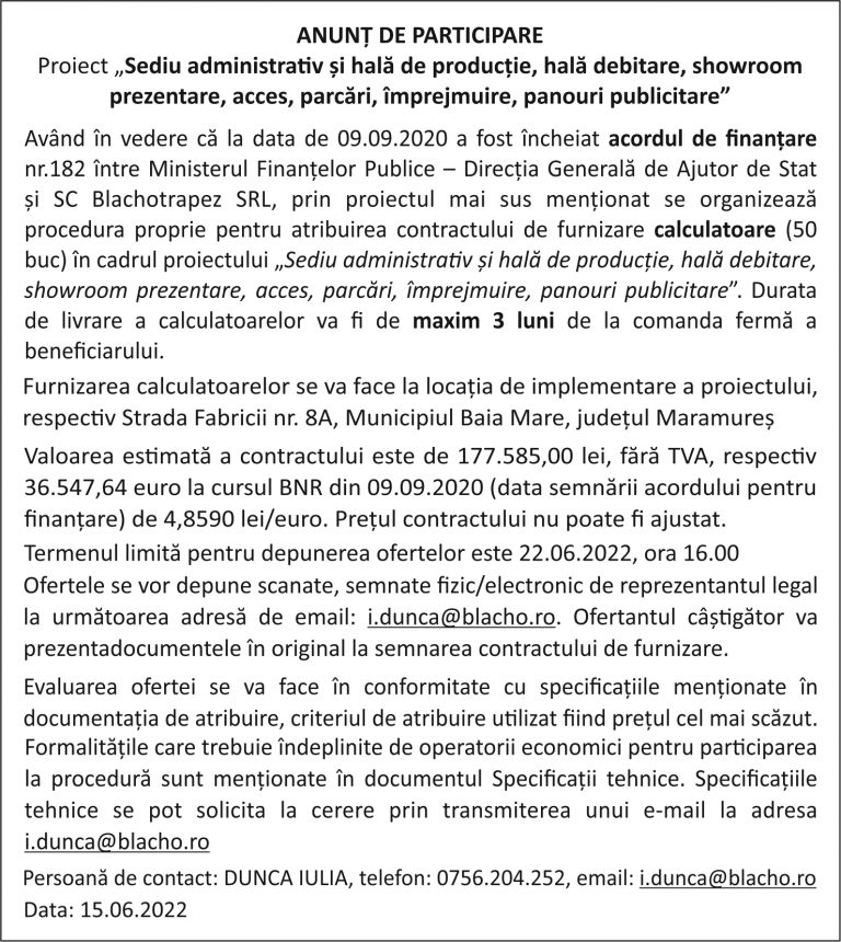 Anunț de participare SC Blachotrapez SRL
