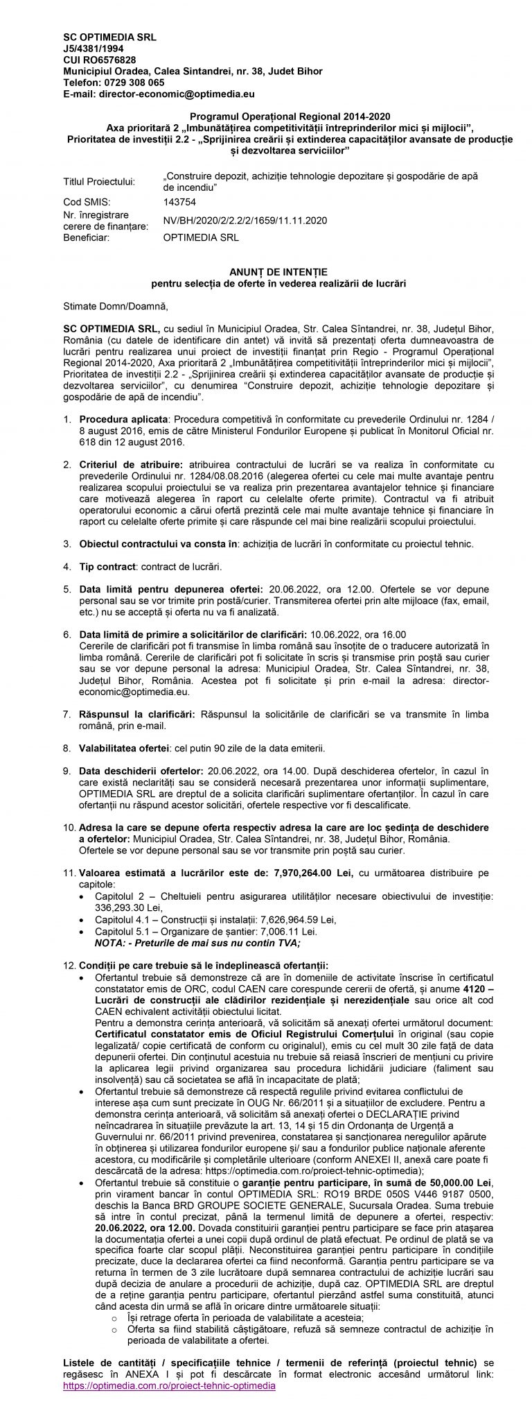 Anunț de intenție SC OPTIMEDIA SRL