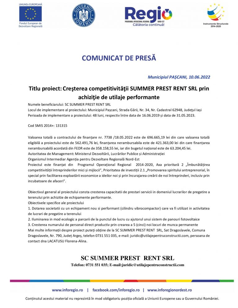 Comunicat de presă SUMMER PREST RENT SRL