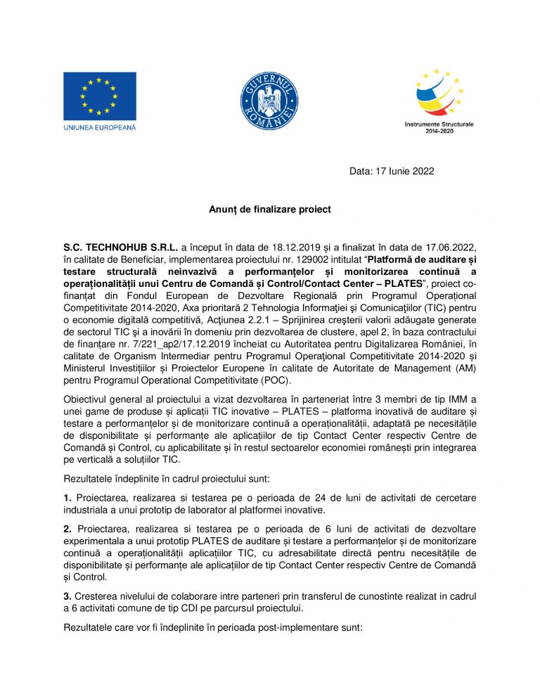 Comunicat de presă SC TECHNOHUB SRL
