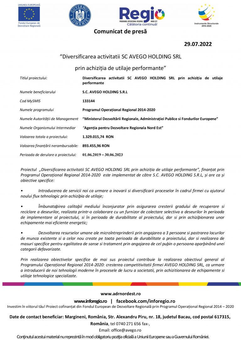 Comunicat de presă SC AVEGO HOLDING SRL