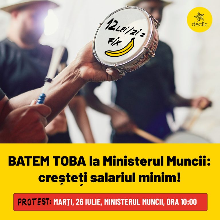 Protest sub geamul ministrului Muncii. „Creșteți salariul minim la un nivel decent, nu cu praful de pe tobă!”