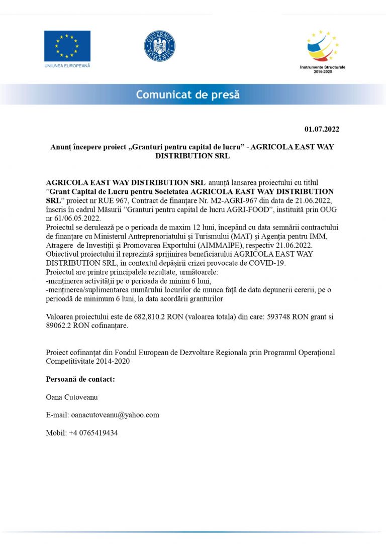 Comunicat de presă AGRICOLA EAST WAY DISTRIBUTION SRL