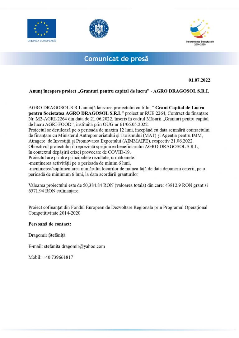 Comunicat de presă AGRO DRAGOSOL SRL