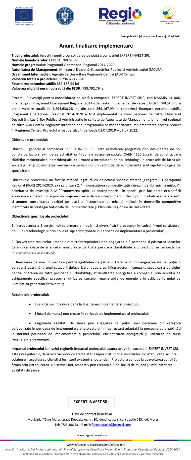 Comunicat de presă EXPERT INVEST SRL