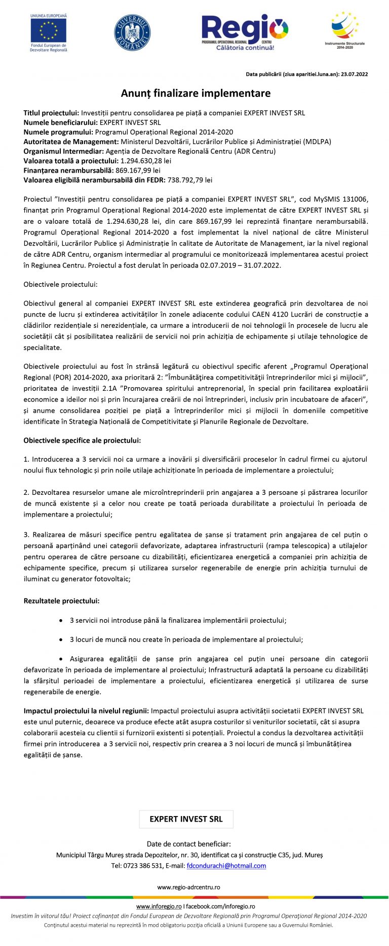 Comunicat de presă EXPERT INVEST SRL