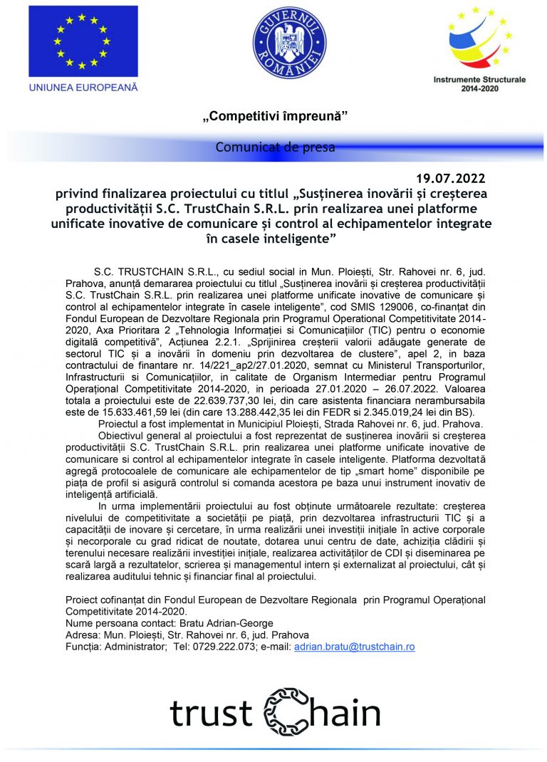 Comunicat de presa S.C. TrustChain S.R.L.
