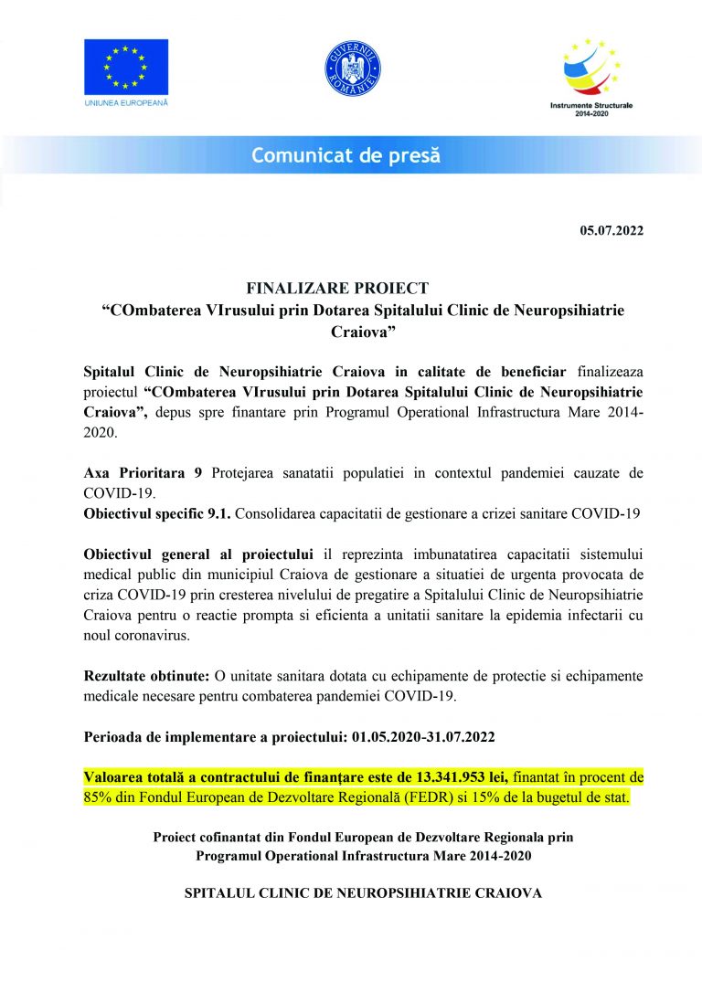 Comunicat de presă Spitalul Clinic de Neuropsihiatrie Craiova