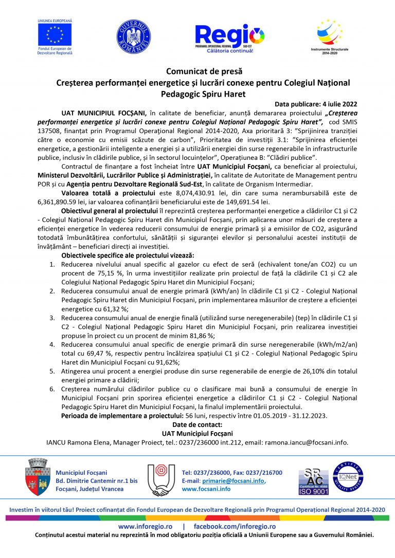 Comunicat de presă UAT MUNICIPIUL FOCȘANI