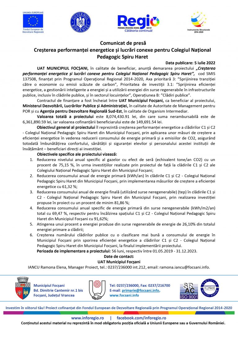 Comunicat de presă UAT MUNICIPIUL FOCȘANI