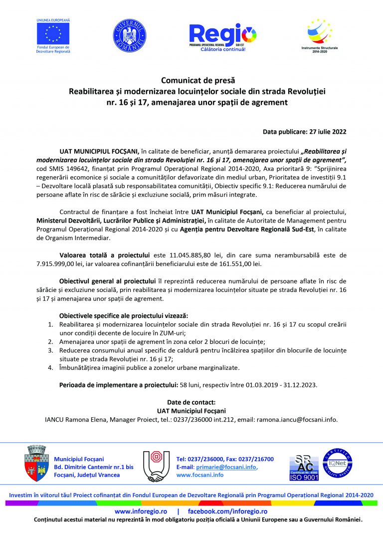 Comunicat de presa UAT MUNICIPIUL FOCȘANI
