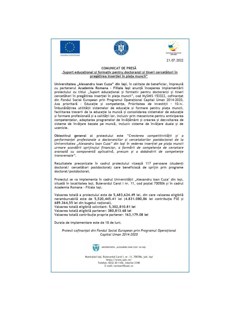 Comunicat de presă Universitatea „Alexandru Ioan Cuza” Iași