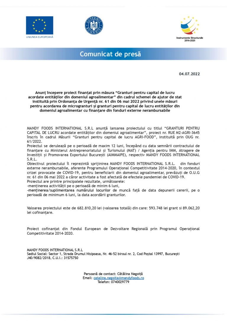 Comunicat de presă MANDY FOODS INTERNATIONAL SRL