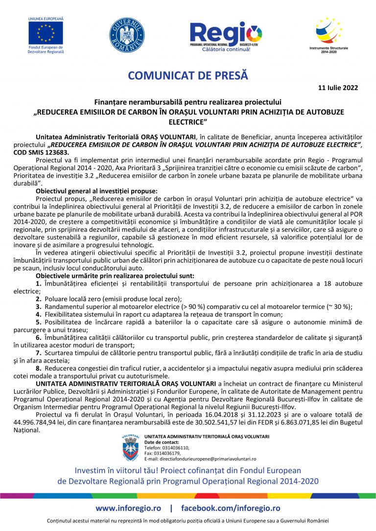 Comunicat de presă Unitatea Administrativ Teritorială ORAȘ VOLUNTARI