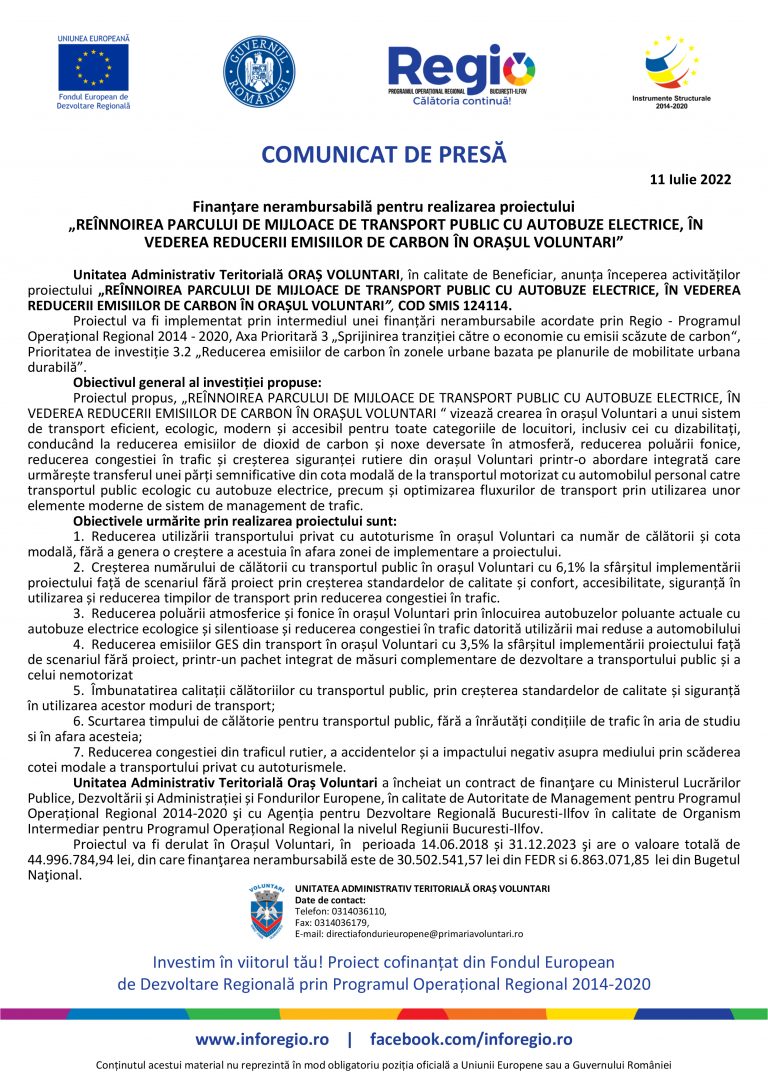 Comunicat de presă Unitatea Administrativ Teritorială ORAȘ VOLUNTARI