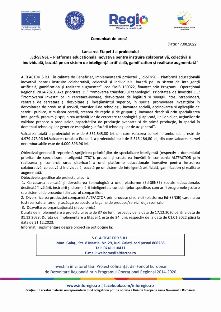 Comunicat de presă ALTFACTOR S.R.L.