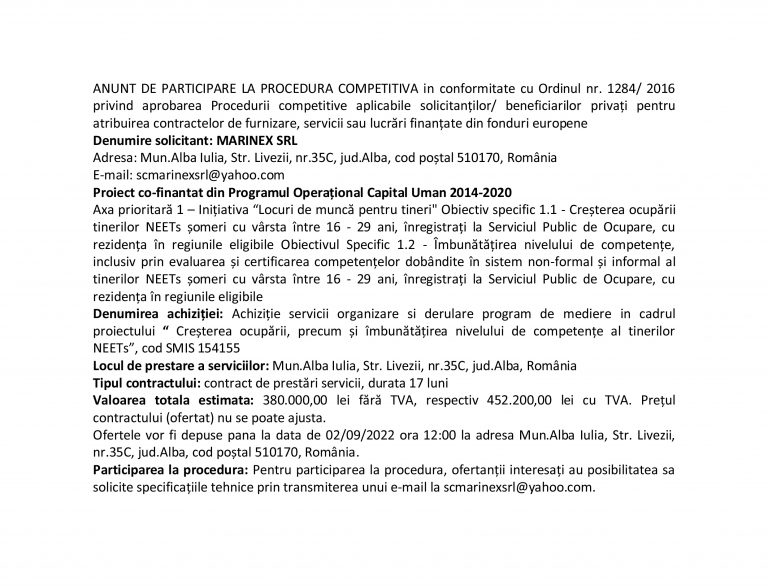 Anunț de participare MARINEX SRL