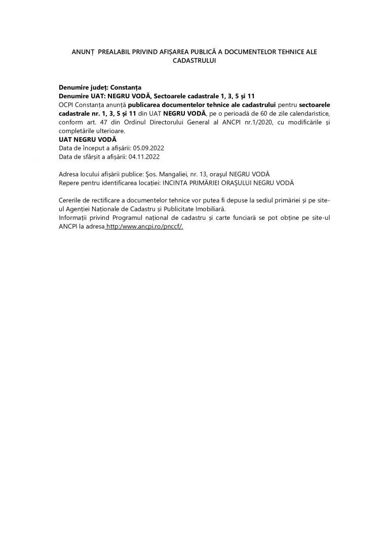 Anunț prealabil privind afișarea publică a documentelor tehnice ale cadastrului