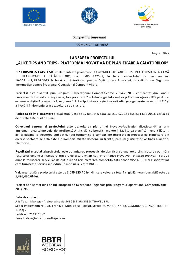 Comunicat de presă BEST BUSINESS TRAVEL SRL