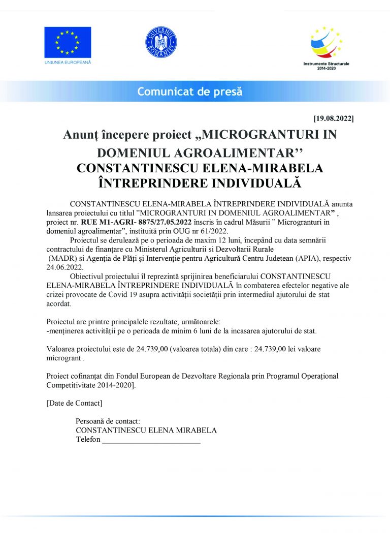 Comunicat de presă CONSTANTINESCU ELENA-MIRABELA ÎNTREPRINDERE INDIVIDUALĂ