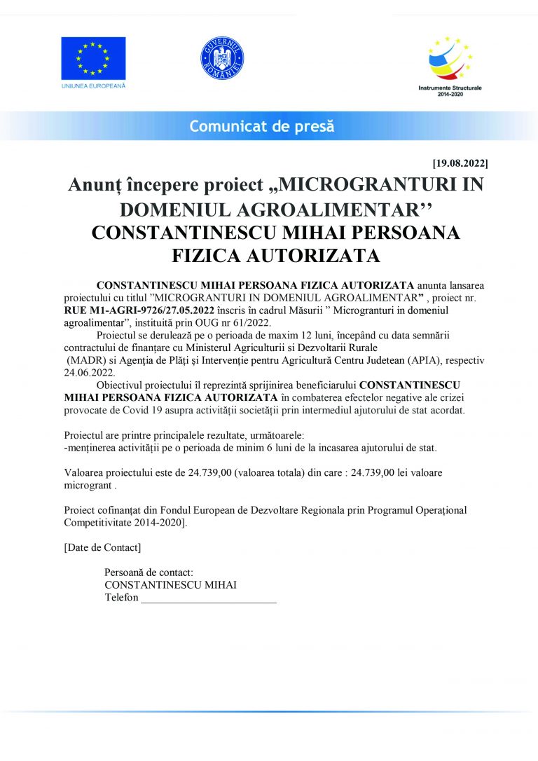 Comunicat de presă CONSTANTINESCU MIHAI PERSOANA FIZICA AUTORIZATA